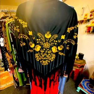 Vintage Black/Gold fringe shawl , Like New